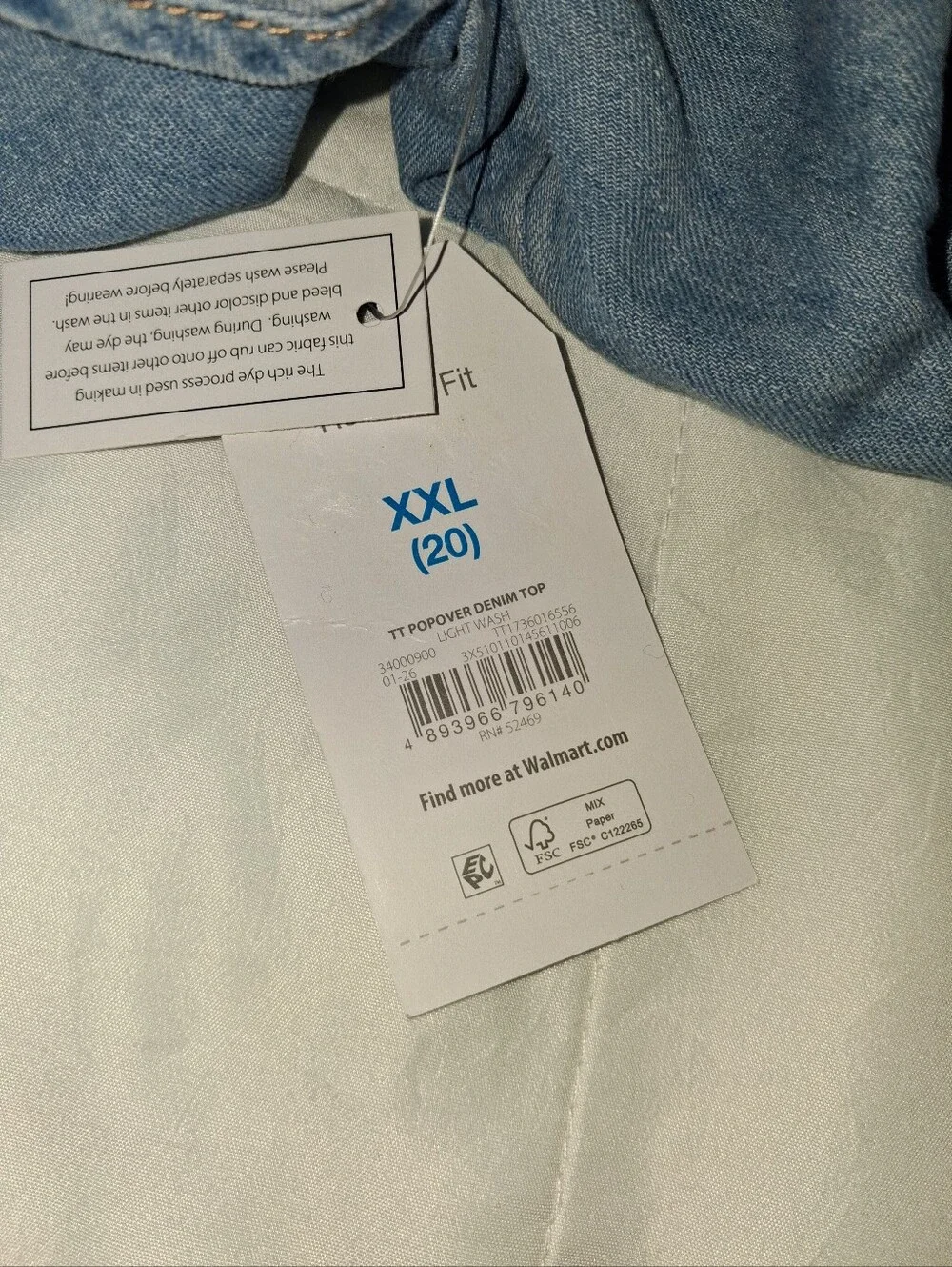Time And Tru Popover Jean Shirt - Light Wash - XXL (20)